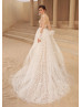 Beaded Lace Tulle Slit Wedding Dress With Detachable Sleeves